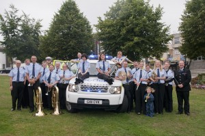 Surrey Police Band with Police car at the Aldershot Bandstand, 2013